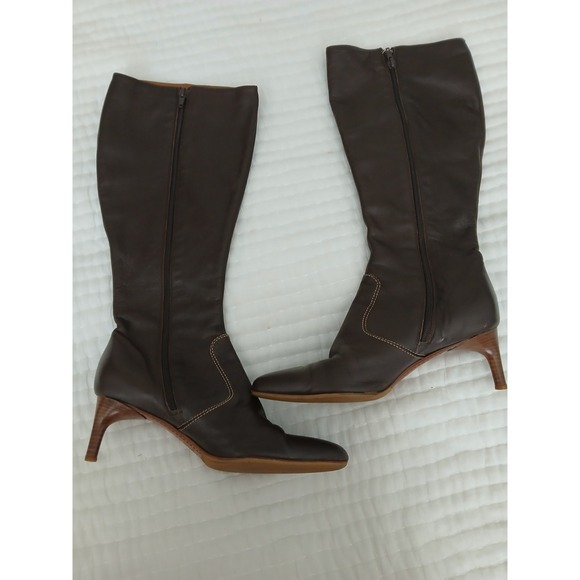 J.Crew Vintage Brown Leather Boots Mid Extended‎ Calf Size 7 Italy  Kitten Heel - Picture 1 of 14